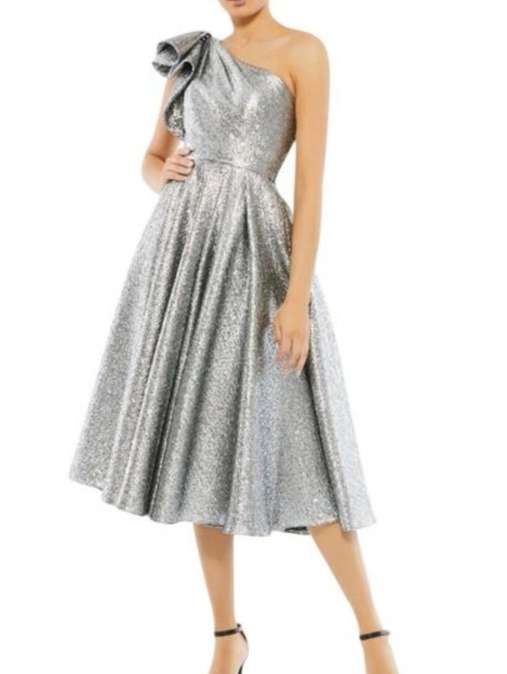 MAC DUGGAL ONE SHOULDER COCKTAIL DRESS IN SILVER- 6